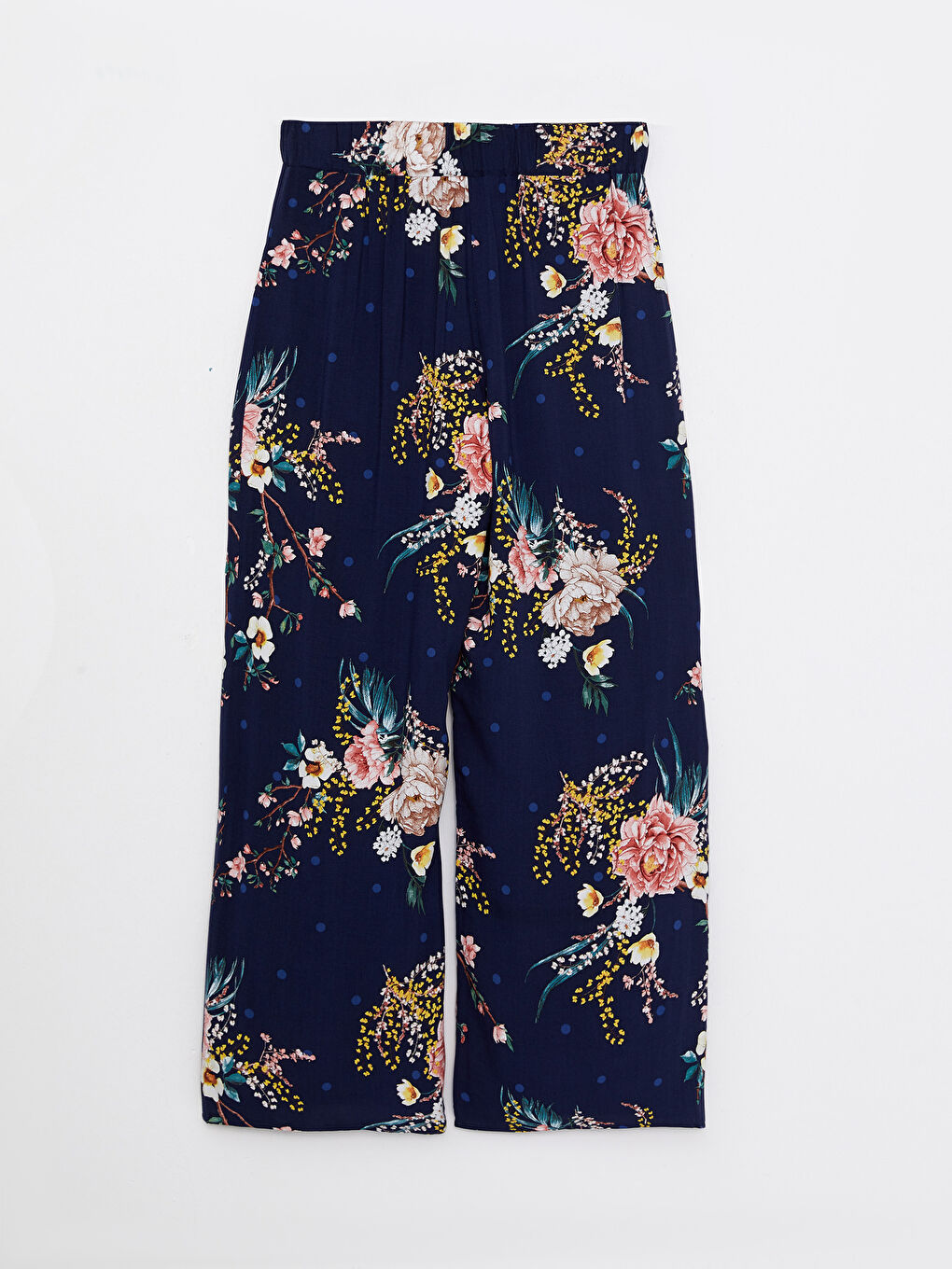Lacivert Beli Lastikli Çiçekli Viskon Kadın Pantolon-6
