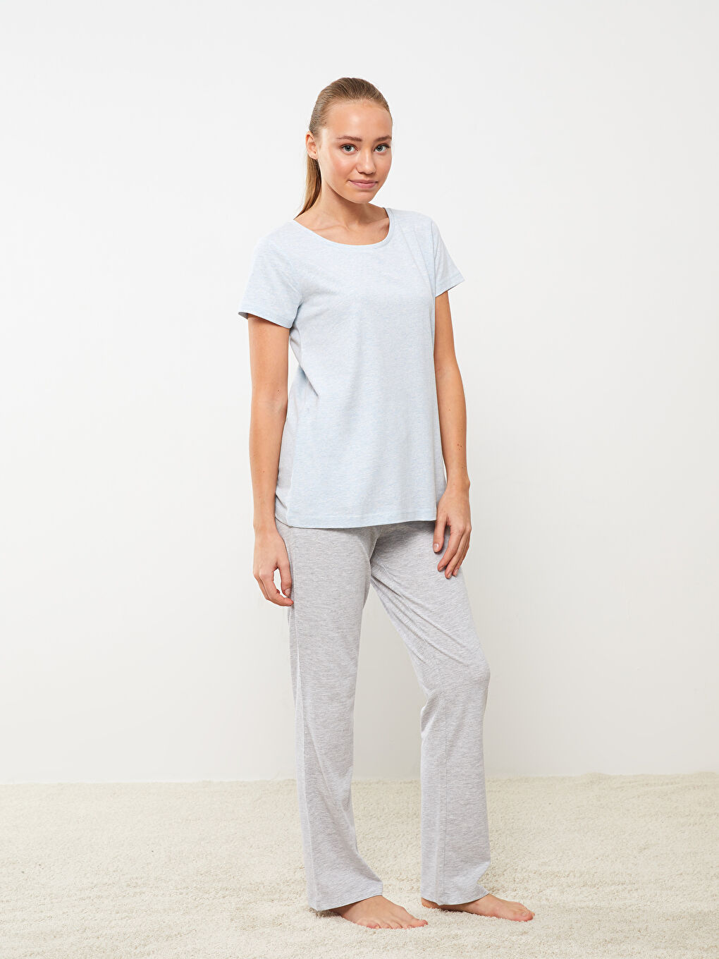 Mavi Bisiklet Yaka Düz Kısa Kollu Kadın Pijama Takımı-2