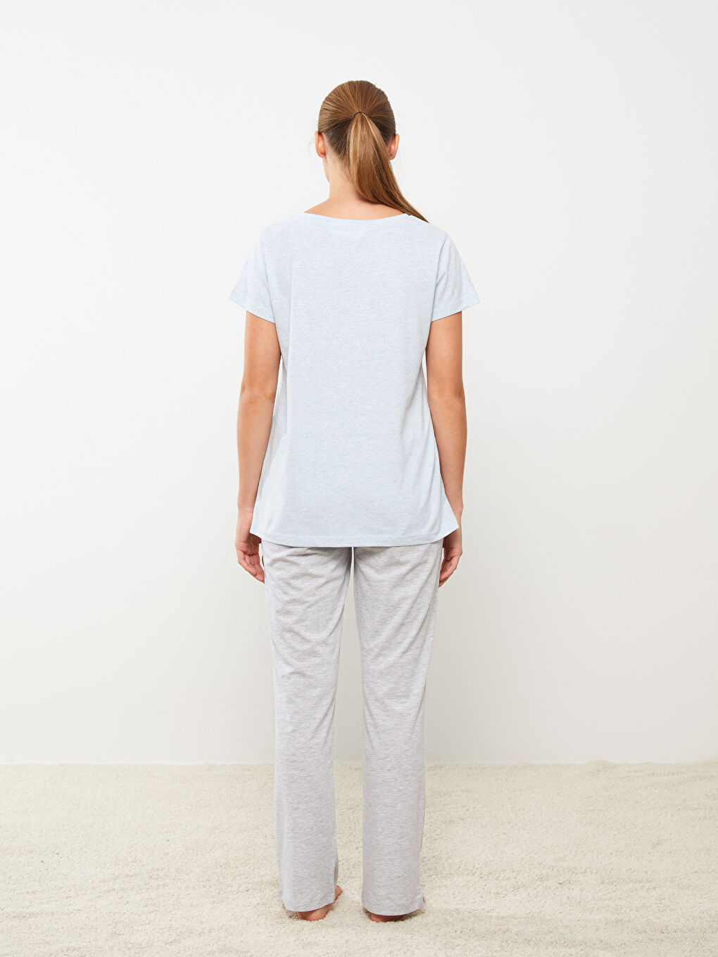 Mavi Bisiklet Yaka Düz Kısa Kollu Kadın Pijama Takımı-4