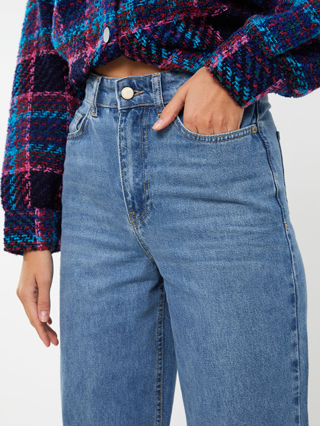 İndigo Kadın Yüksek Bel Wideleg Düz Jean Pantolon-2