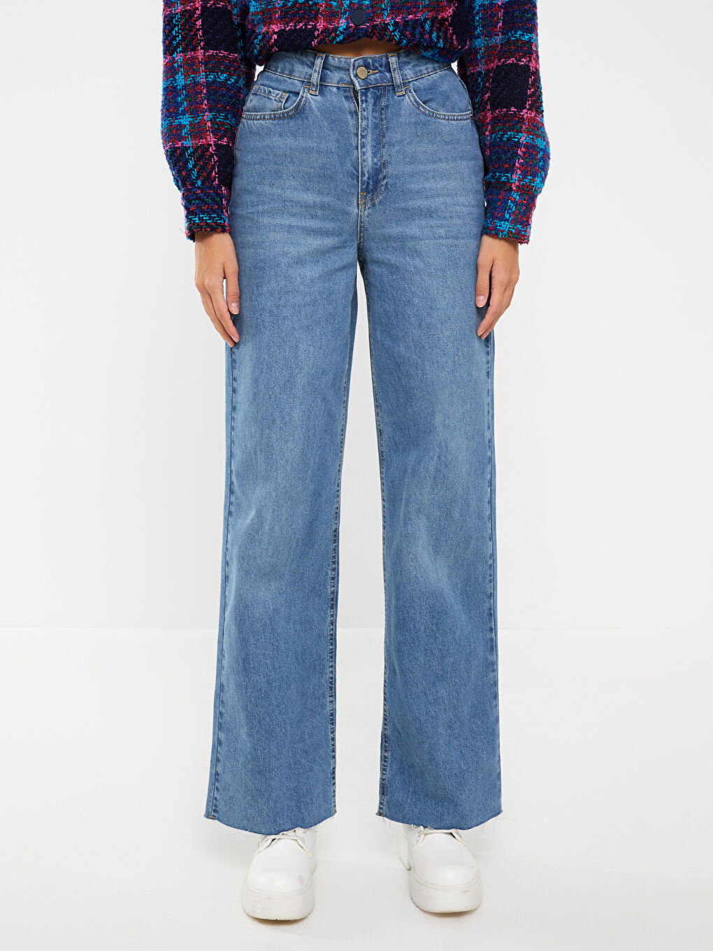 İndigo Kadın Yüksek Bel Wideleg Düz Jean Pantolon-3