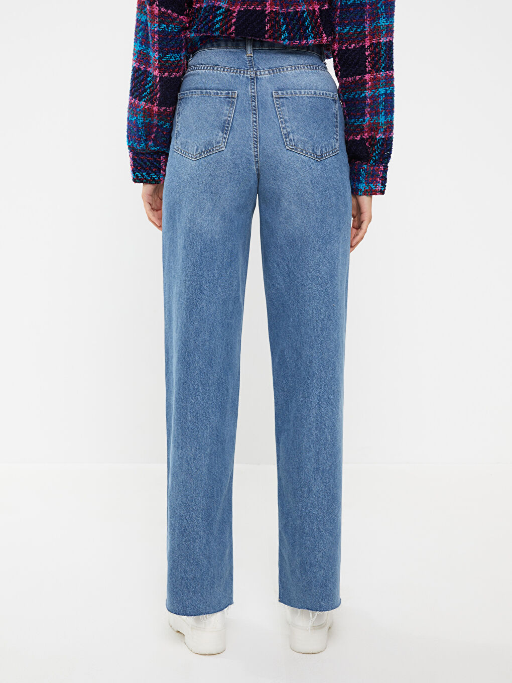 İndigo Kadın Yüksek Bel Wideleg Düz Jean Pantolon-4