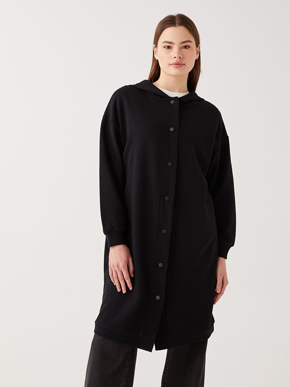 Siyah Kapüşonlu Düz Uzun Kollu Oversize Kadın Spor Hırka