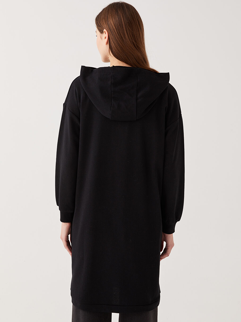 Siyah Kapüşonlu Düz Uzun Kollu Oversize Kadın Spor Hırka-4