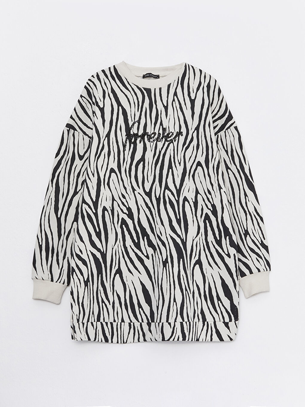 Siyah Bisiklet Yaka Kendinden Desenli Kadın Kalın Sweatshirt Tunik-5