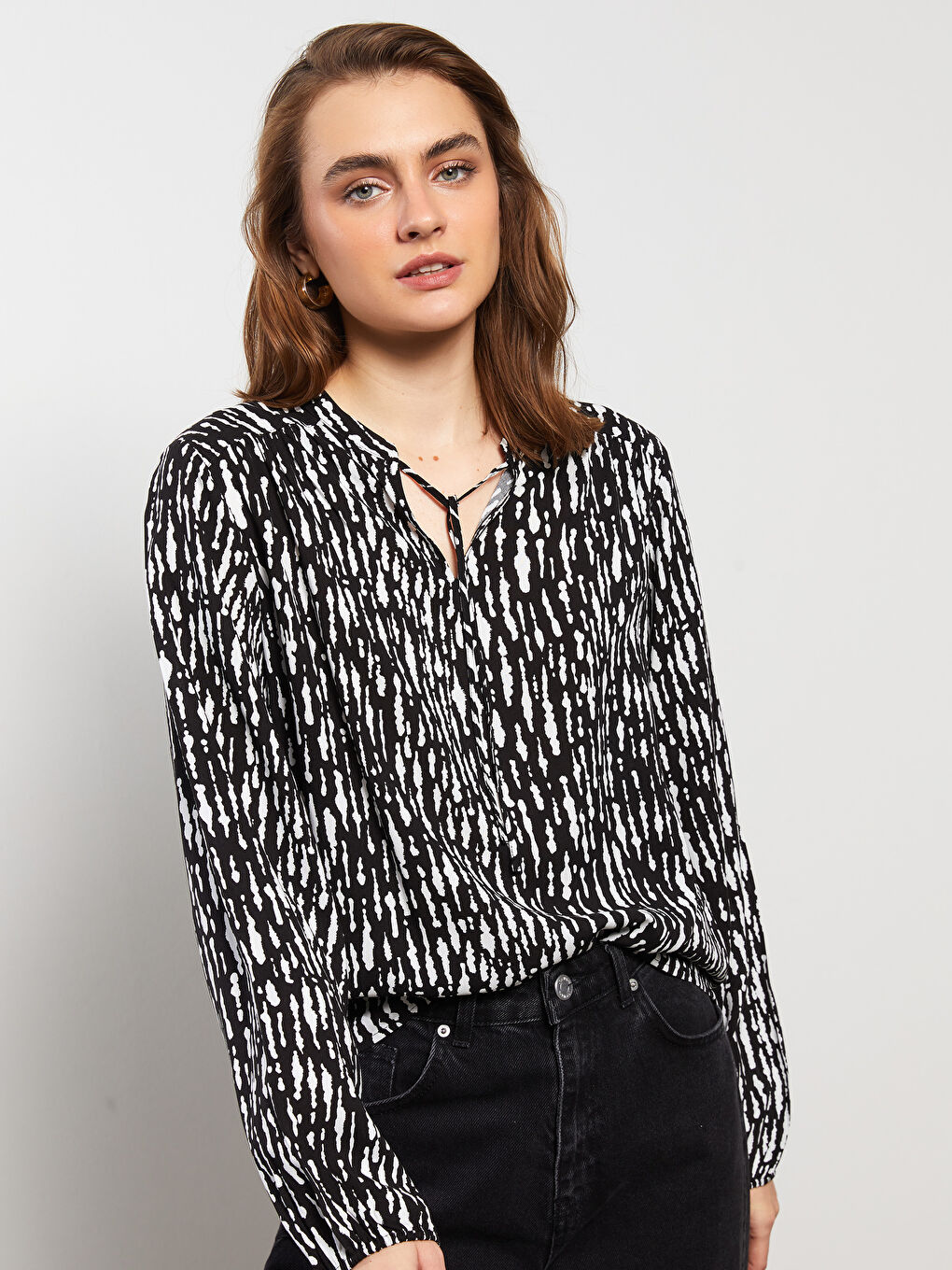Блуза за жени с връзка на врата, шарки, дълъг ръкав, вискоза-1