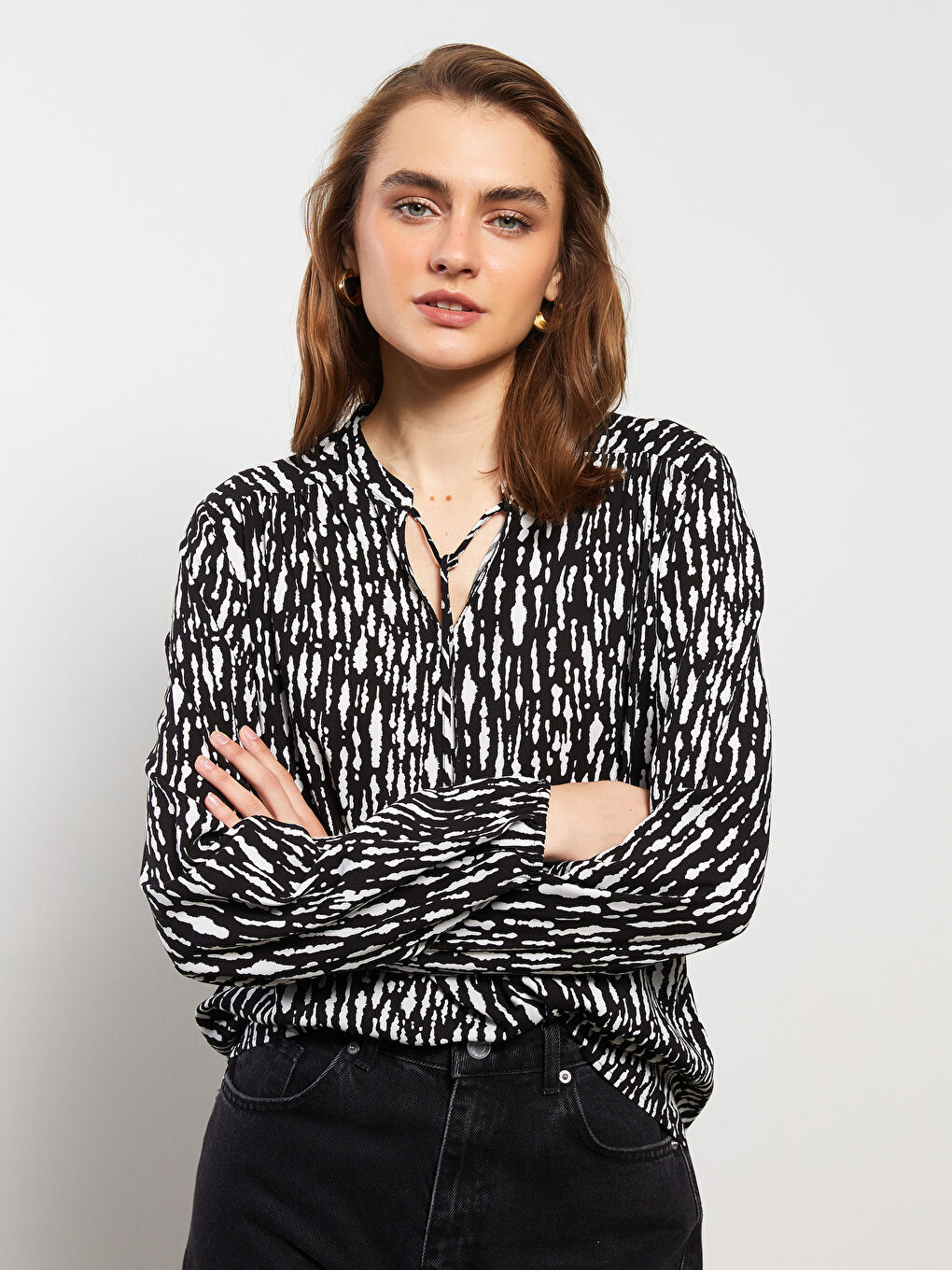 Блуза за жени с връзка на врата, шарки, дълъг ръкав, вискоза-2
