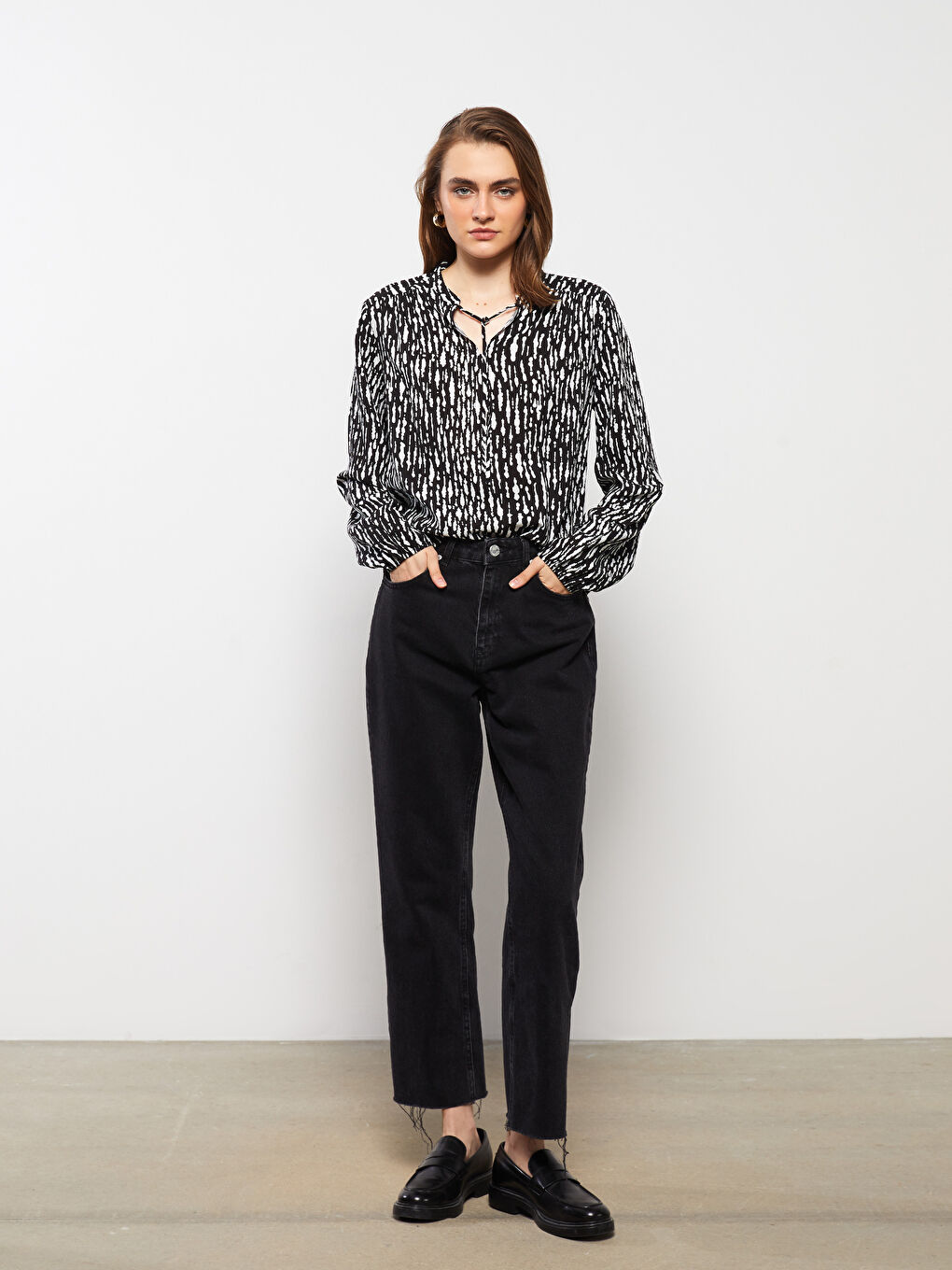 Блуза за жени с връзка на врата, шарки, дълъг ръкав, вискоза-3