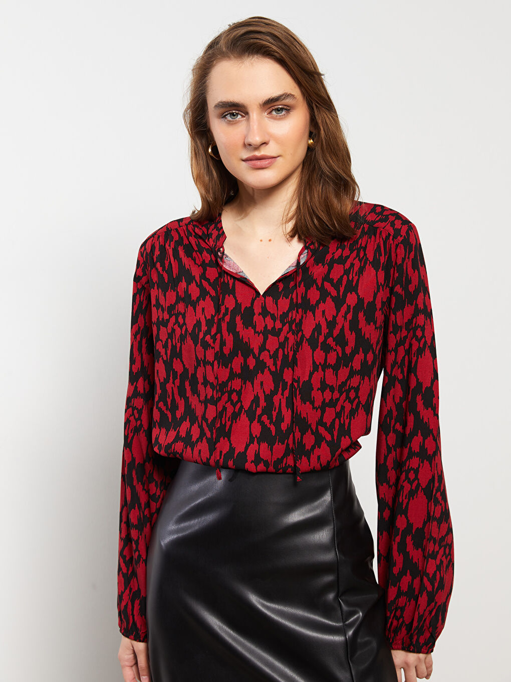 Bluză pentru Femei cu Panglică la Gât, Cu Model, Mânecă Lungă, Vâscoză