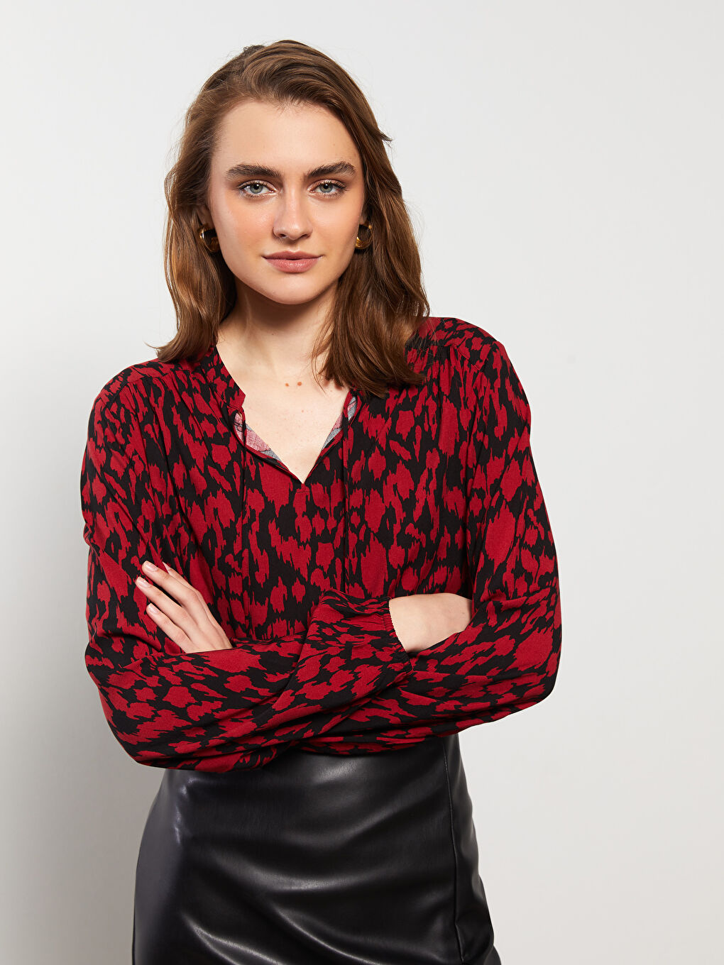 Bluză pentru Femei cu Panglică la Gât, Cu Model, Mânecă Lungă, Vâscoză-1