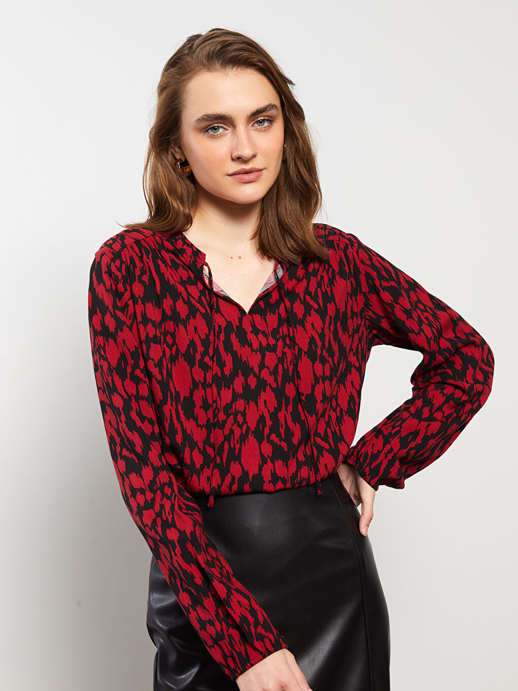 Bluză pentru Femei cu Panglică la Gât, Cu Model, Mânecă Lungă, Vâscoză-2