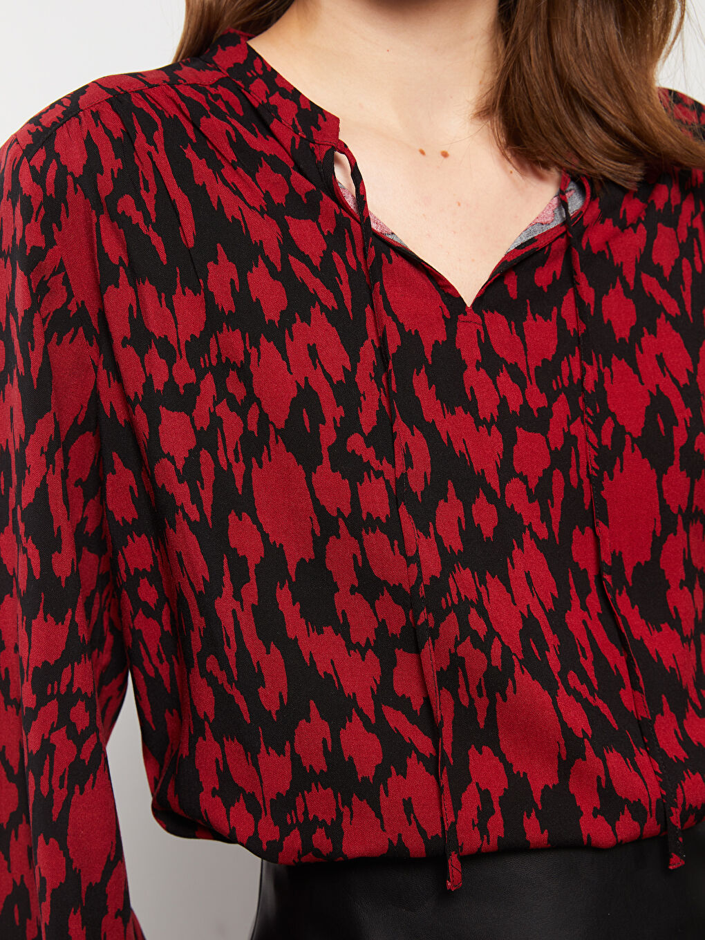 Bluză pentru Femei cu Panglică la Gât, Cu Model, Mânecă Lungă, Vâscoză-4