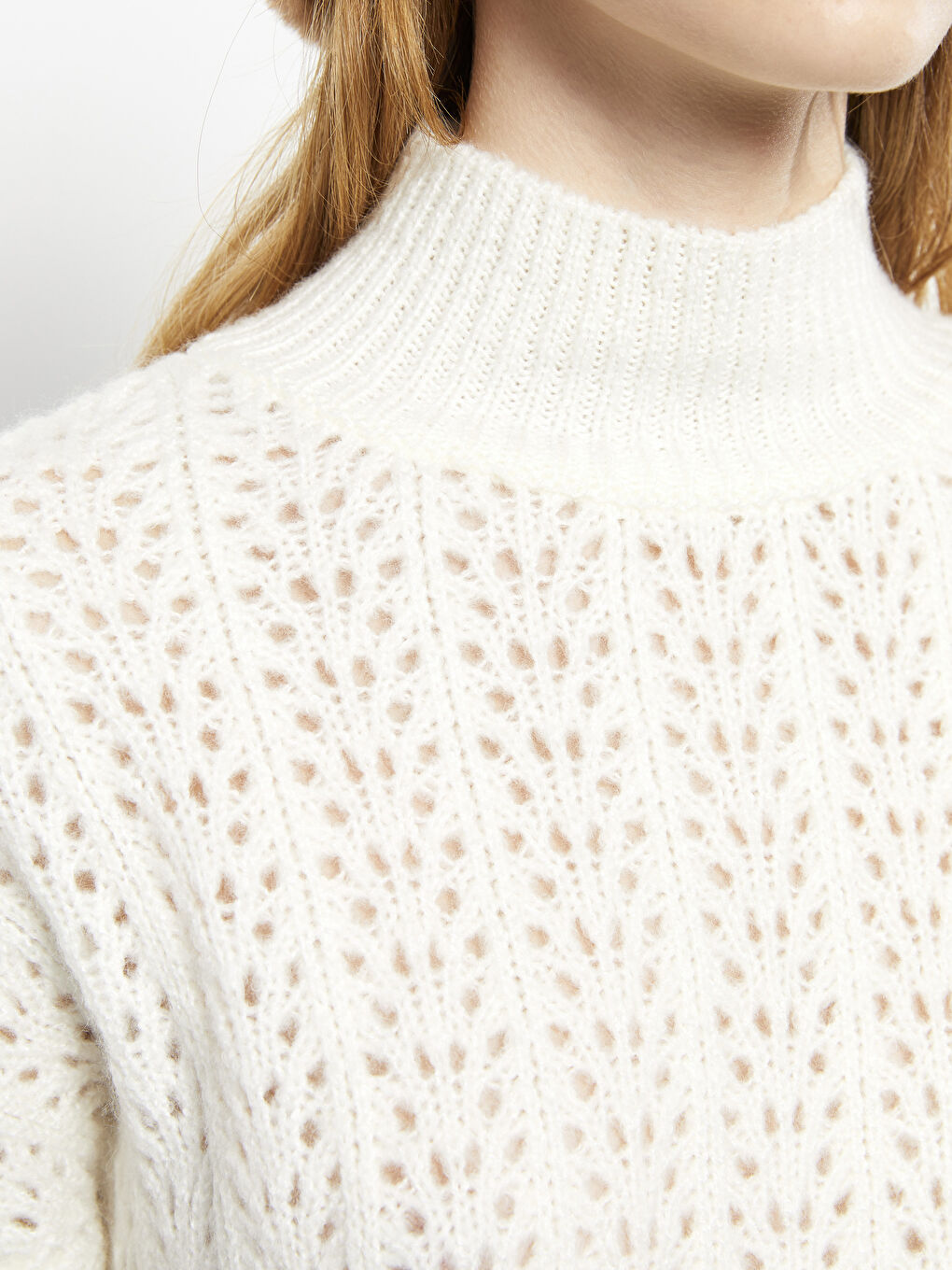 Ekru Balıkçı Yaka Kendinden Desenli Uzun Kollu Kadın Triko Kazak-8