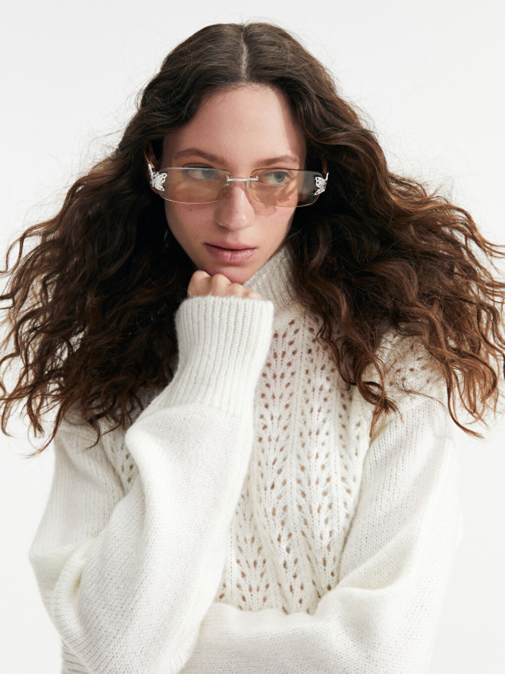 Ekru Balıkçı Yaka Kendinden Desenli Uzun Kollu Kadın Triko Kazak-1