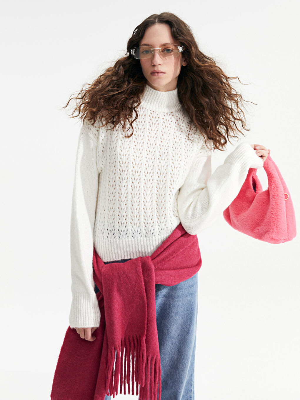 Ekru Balıkçı Yaka Kendinden Desenli Uzun Kollu Kadın Triko Kazak-2