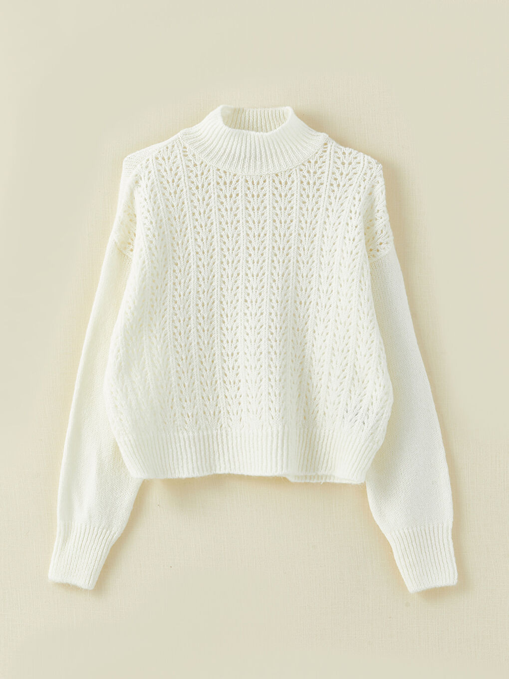 Ekru Balıkçı Yaka Kendinden Desenli Uzun Kollu Kadın Triko Kazak-10