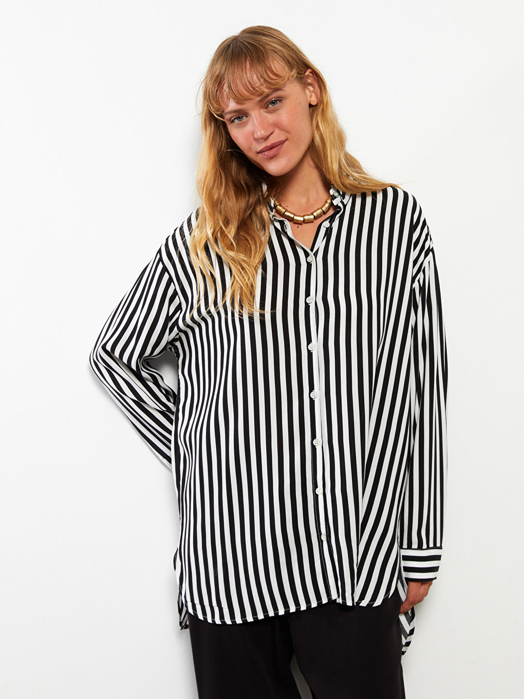 Striped Long Sleeve Viscose Women Shirt-2