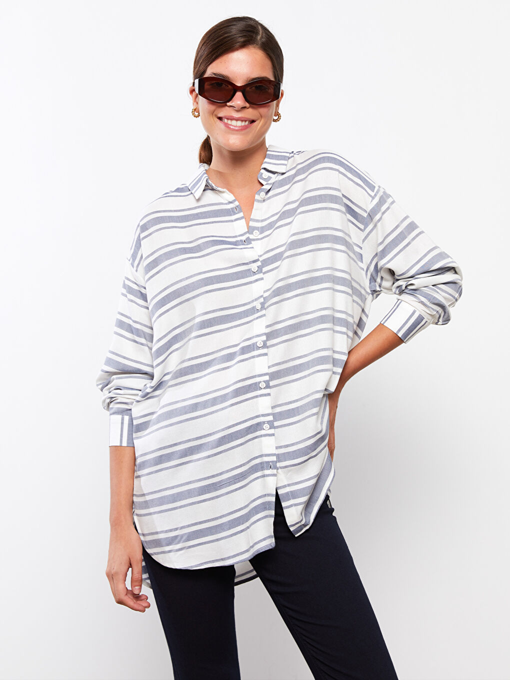 Chemise Femme à Rayures en Viscose à Manches Longues-1