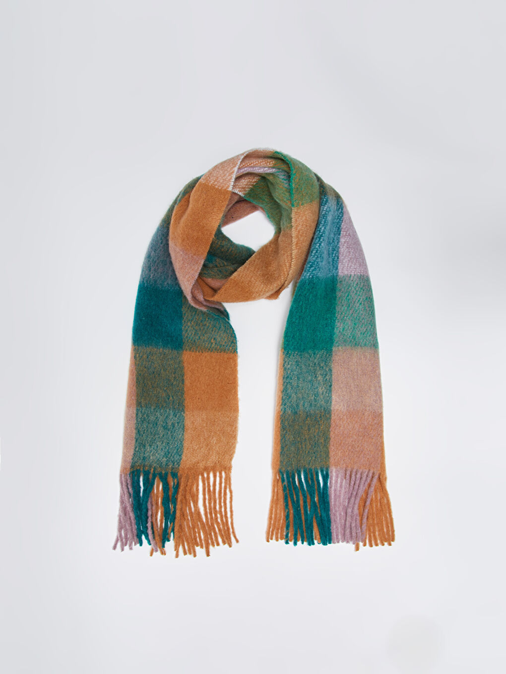 Yeşil Saçaklı Ekose Desenli Kadın Atkı-3