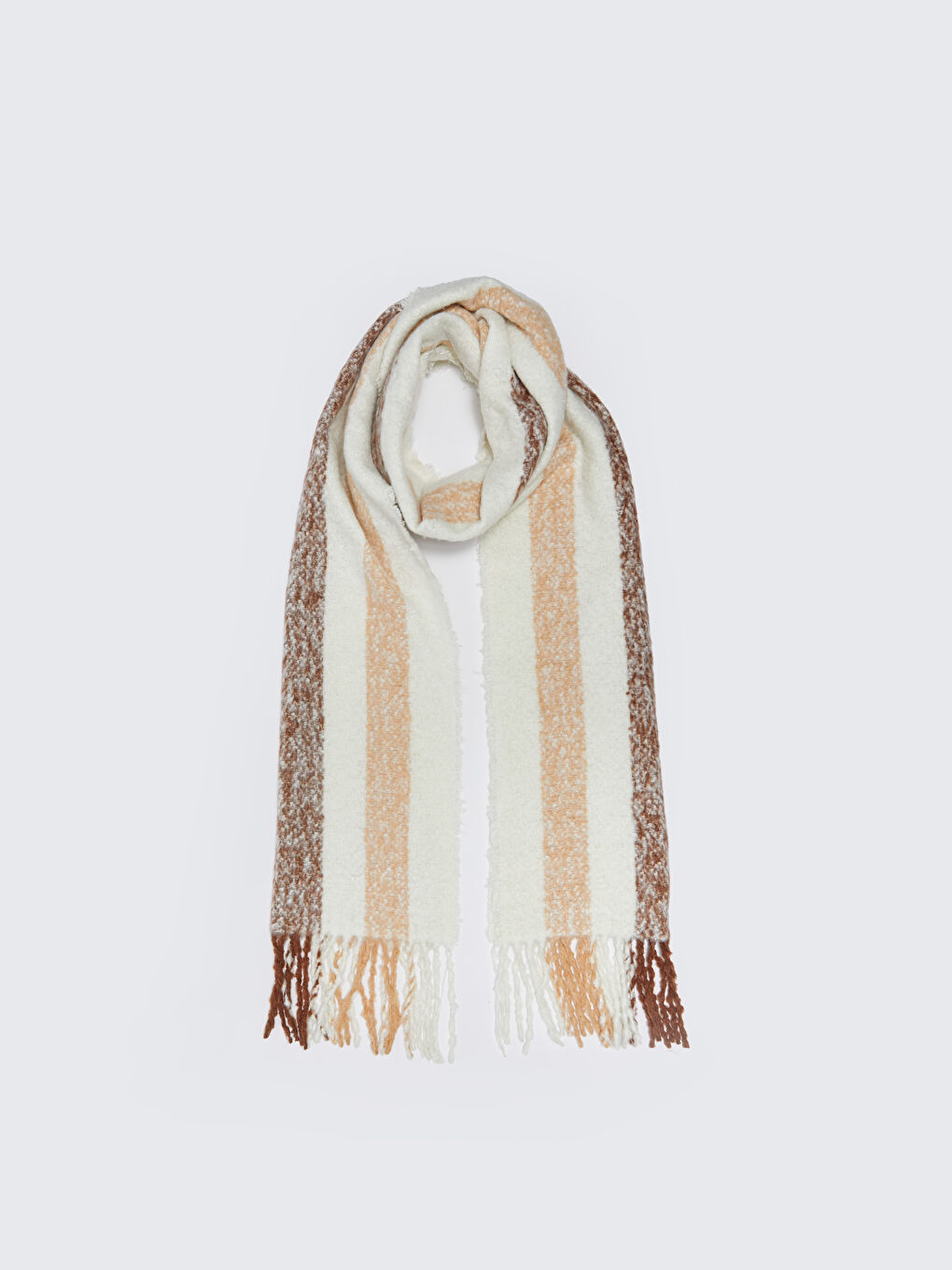 Kahverengi Çizgili Püsküllü Kadın Atkı-2