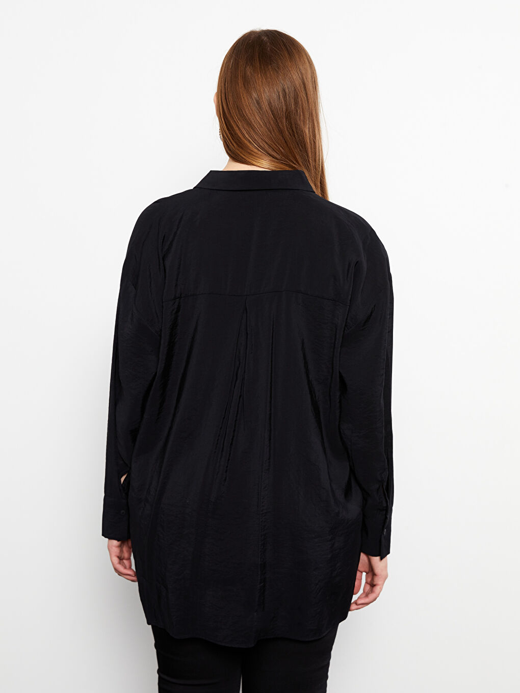 Siyah Düz Uzun Kollu Kadın Gömlek-4