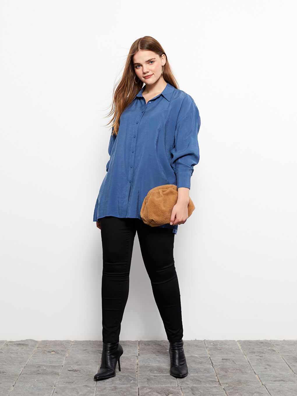 İndigo Düz Uzun Kollu Kadın Gömlek