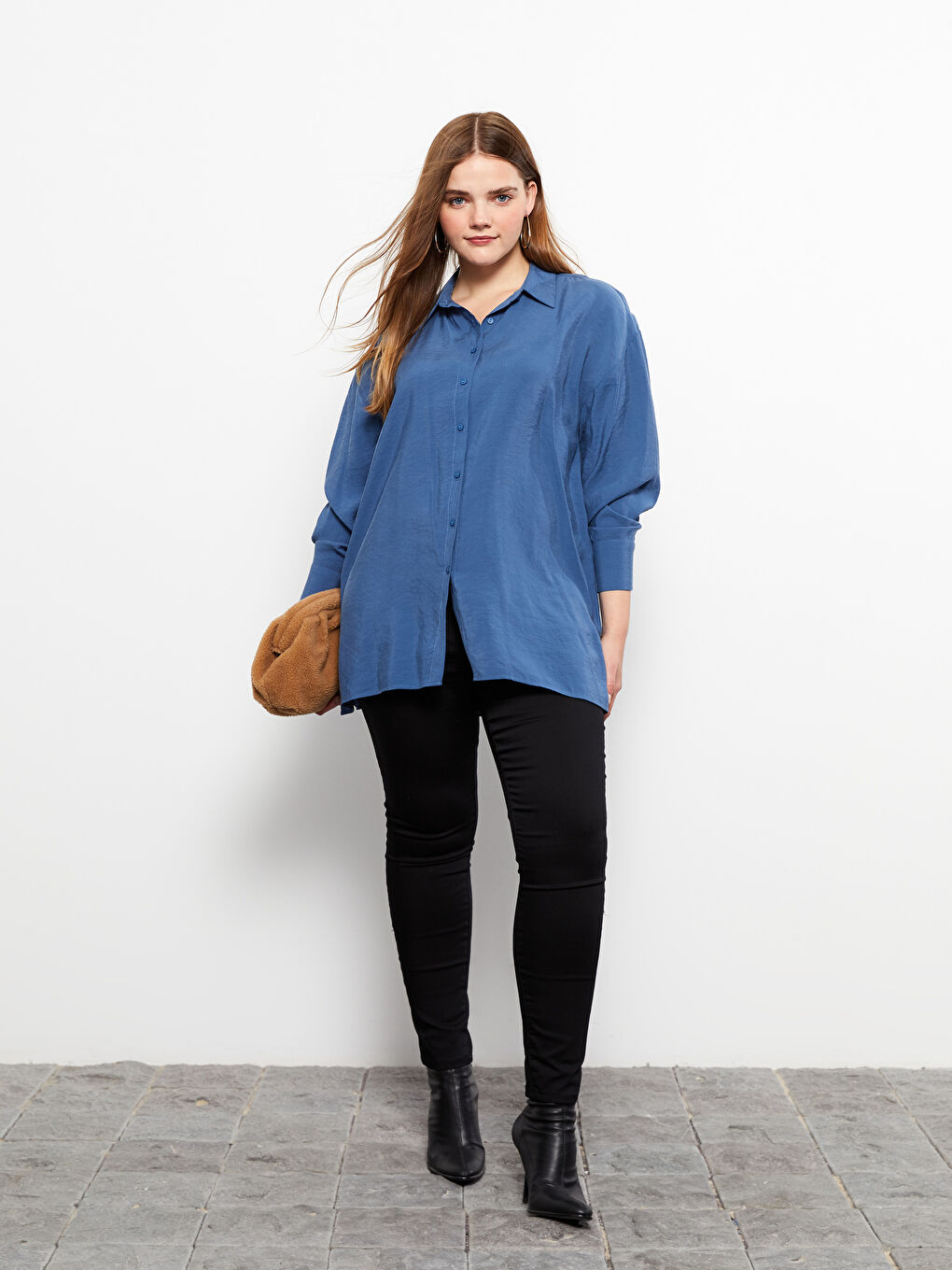 İndigo Düz Uzun Kollu Kadın Gömlek-1