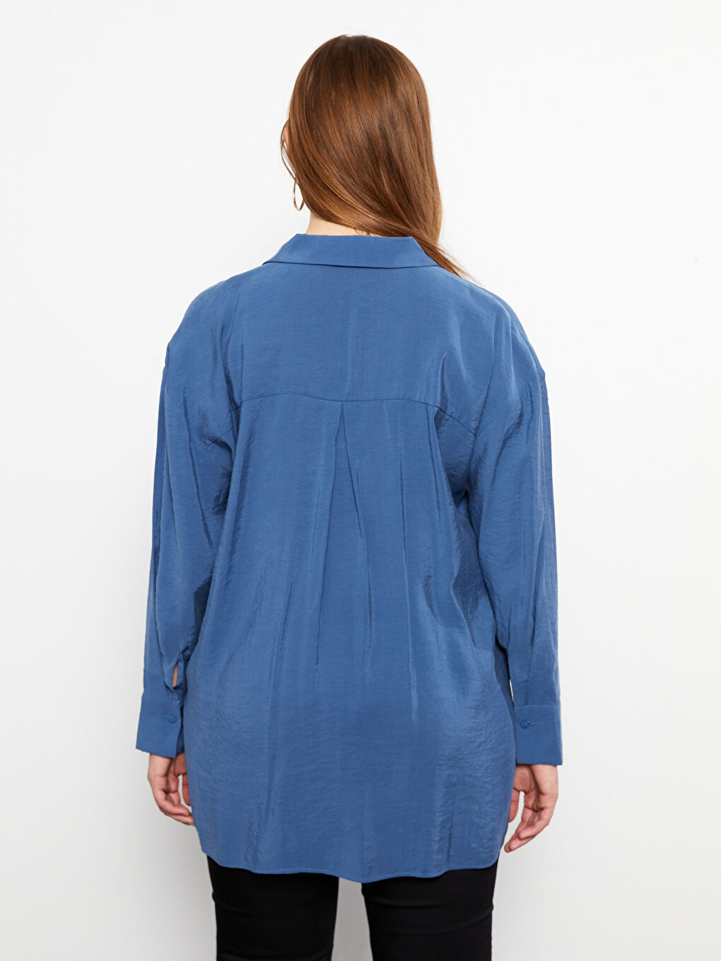 İndigo Düz Uzun Kollu Kadın Gömlek-3