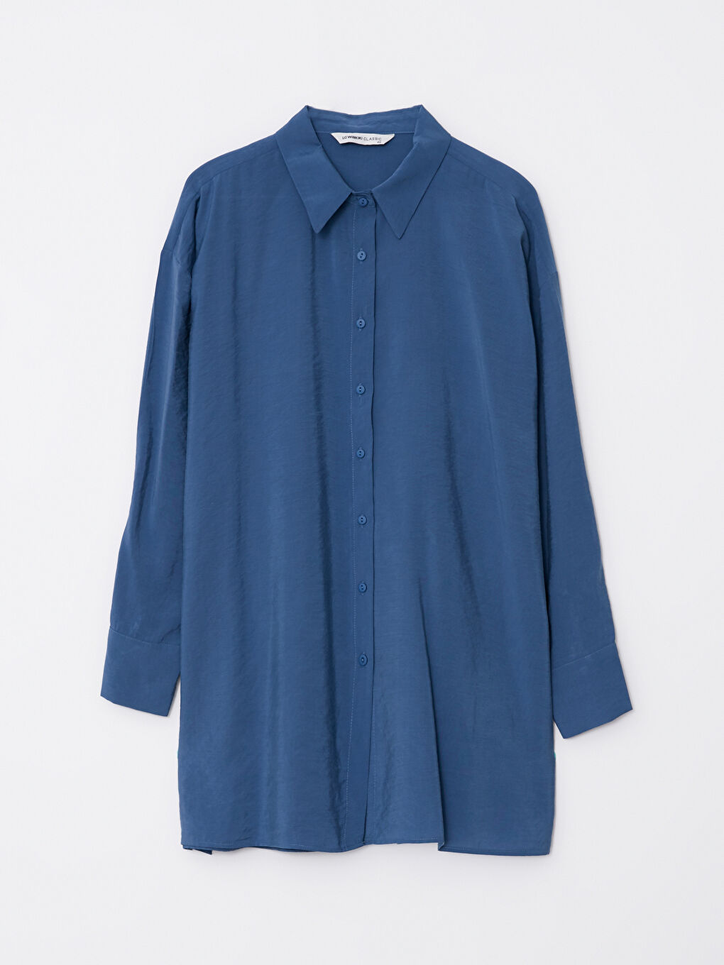 İndigo Düz Uzun Kollu Kadın Gömlek-4