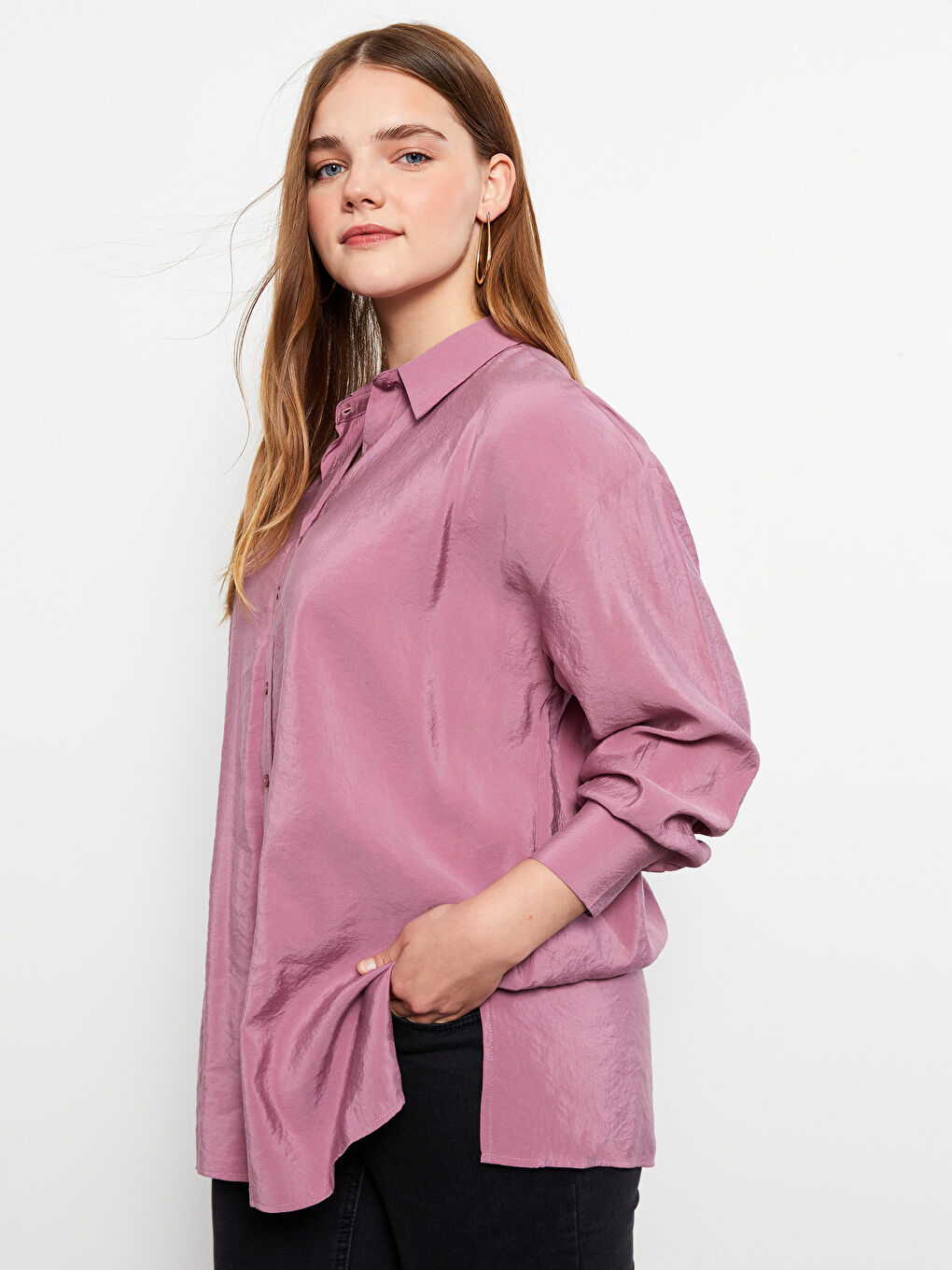 Pembe Düz Uzun Kollu Kadın Gömlek
