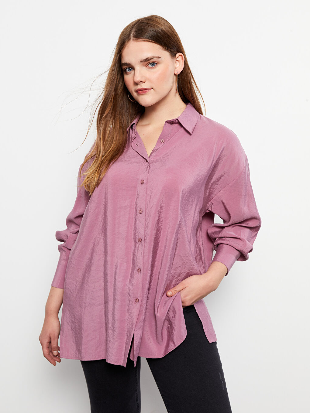 Pembe Düz Uzun Kollu Kadın Gömlek-1