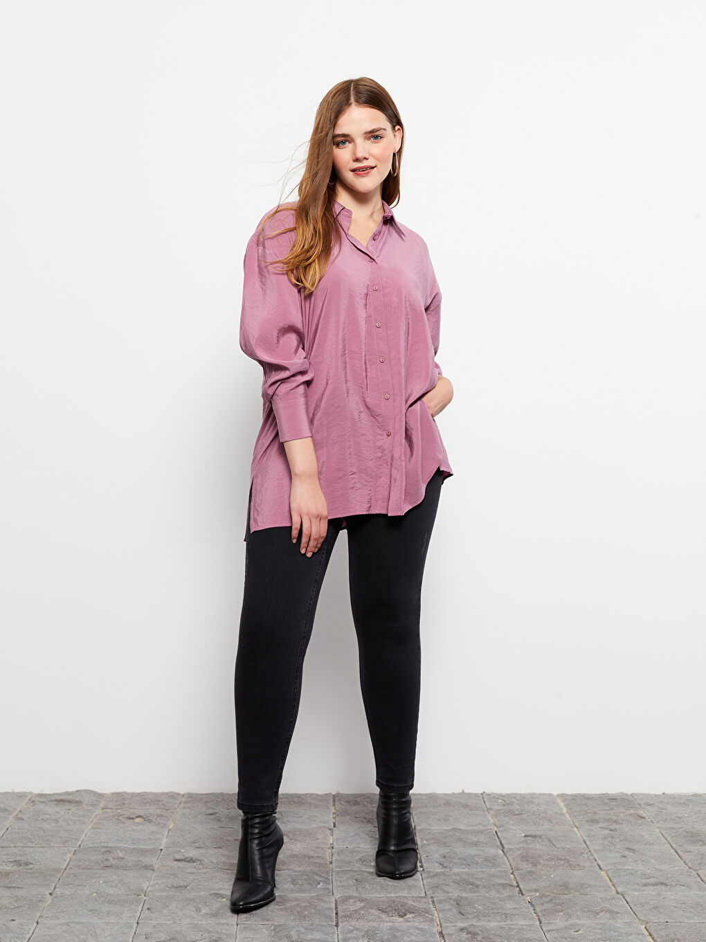 Pembe Düz Uzun Kollu Kadın Gömlek-2