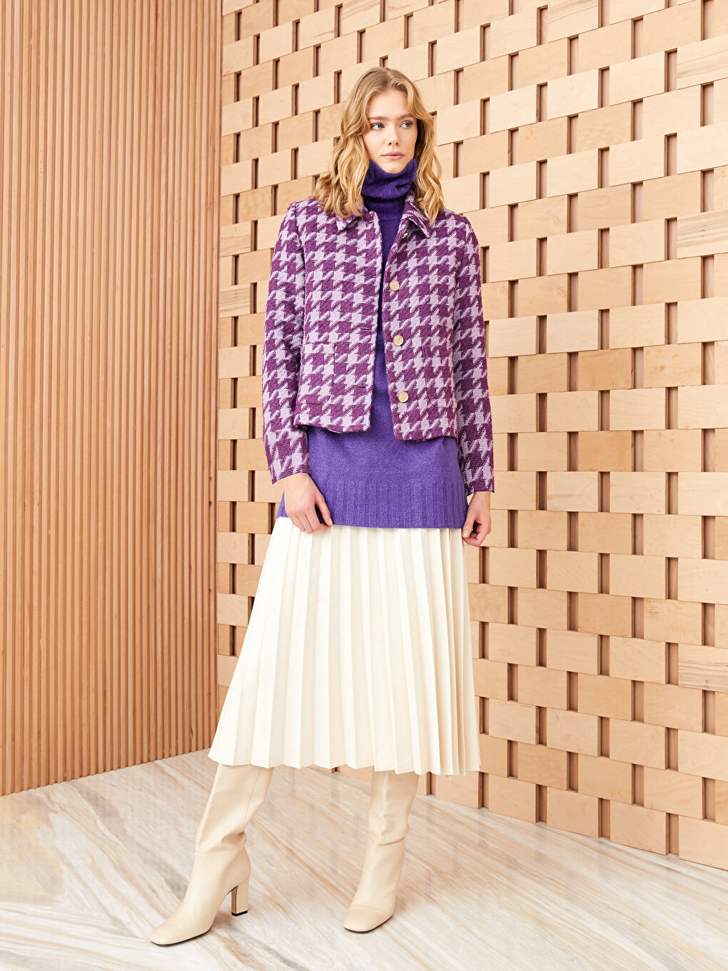 Lila Gömlek Yaka Kazayağı Desenli Uzun Kollu Kadın Ceket-1