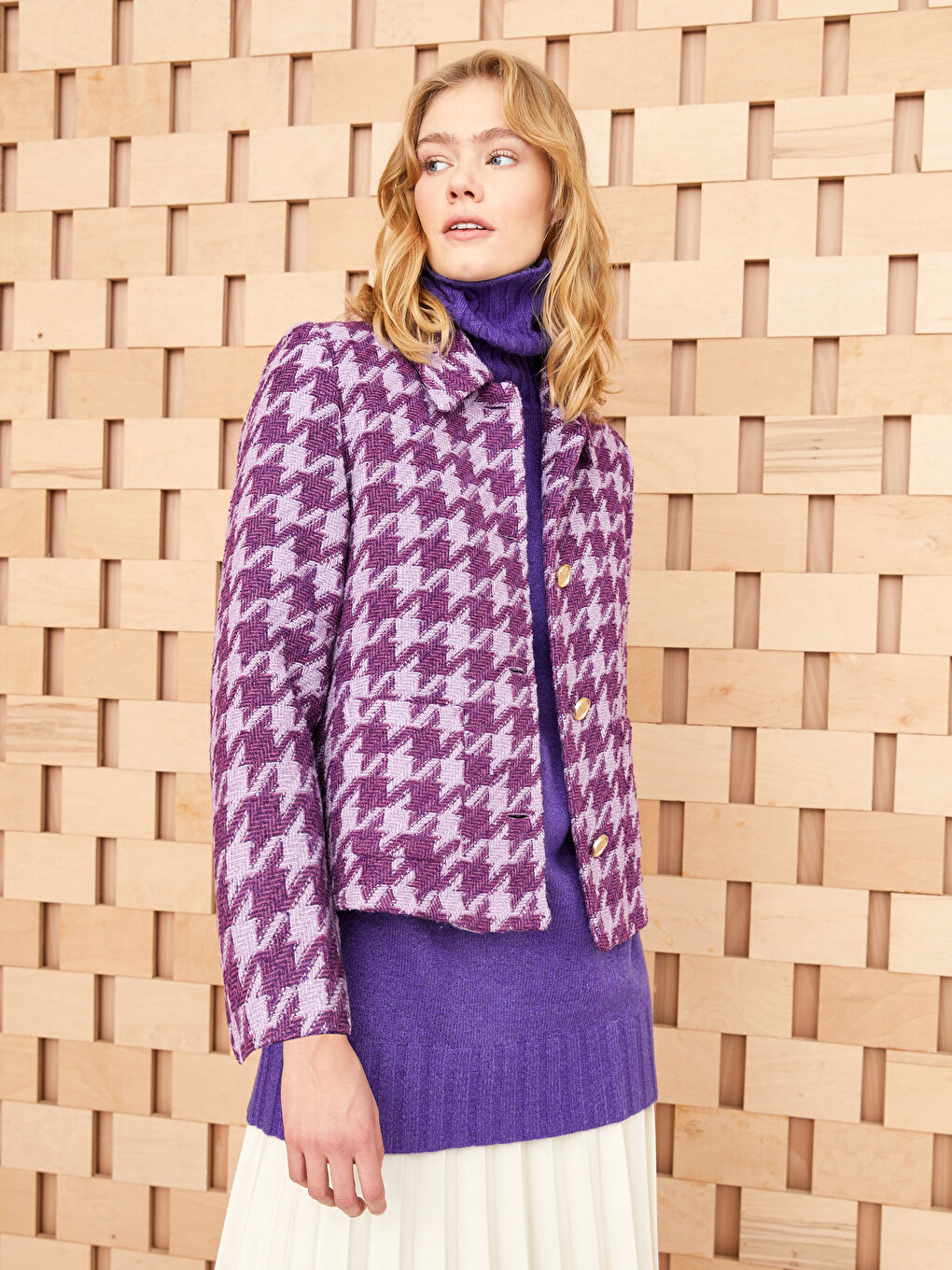 Lila Gömlek Yaka Kazayağı Desenli Uzun Kollu Kadın Ceket-2