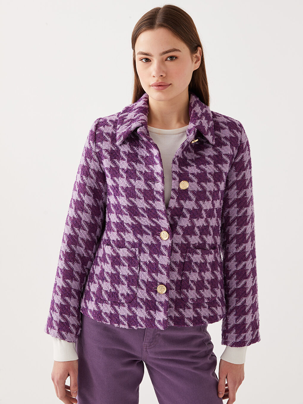 Lila Gömlek Yaka Kazayağı Desenli Uzun Kollu Kadın Ceket-3