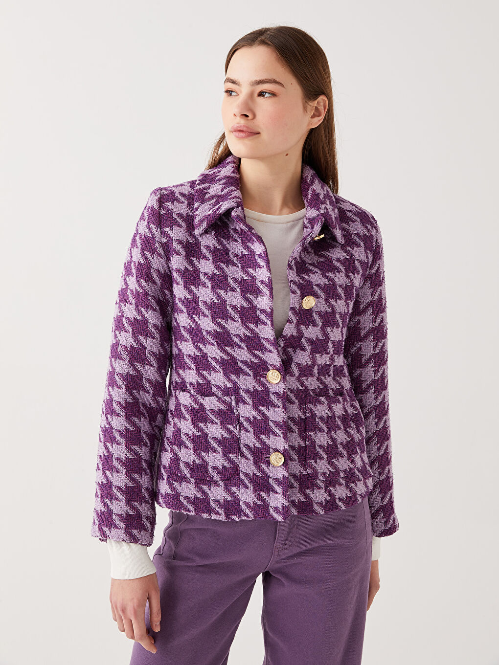 Lila Gömlek Yaka Kazayağı Desenli Uzun Kollu Kadın Ceket-4