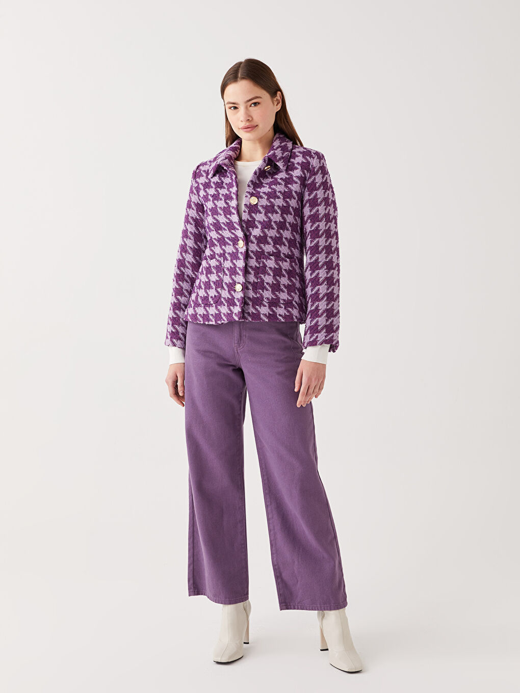 Lila Gömlek Yaka Kazayağı Desenli Uzun Kollu Kadın Ceket-5