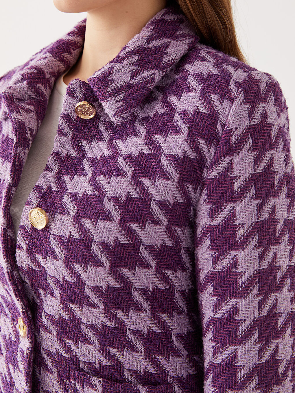 Lila Gömlek Yaka Kazayağı Desenli Uzun Kollu Kadın Ceket-6