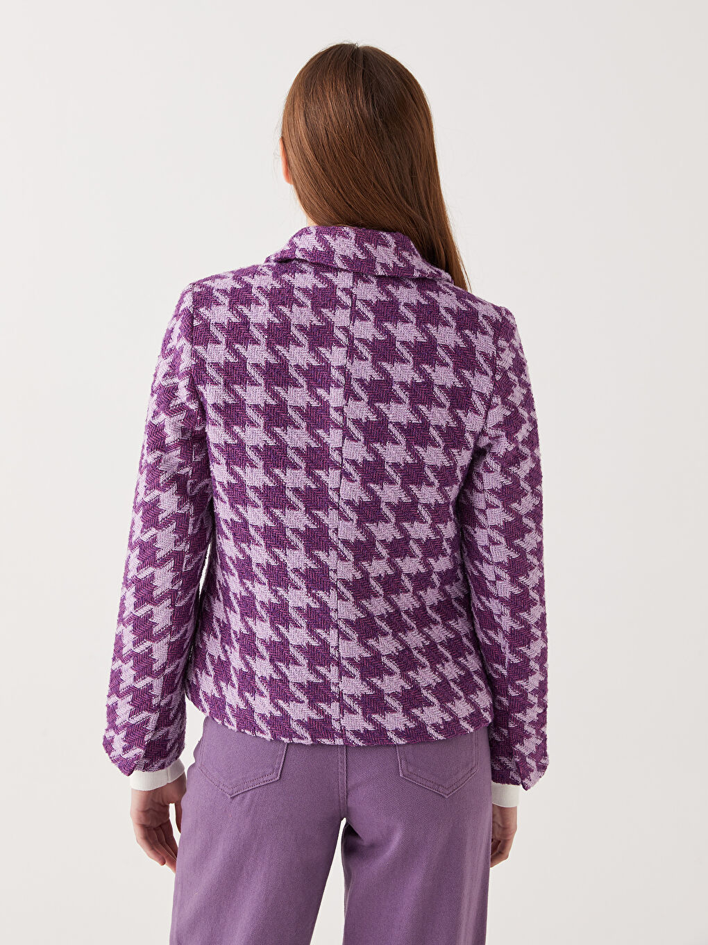 Lila Gömlek Yaka Kazayağı Desenli Uzun Kollu Kadın Ceket-7