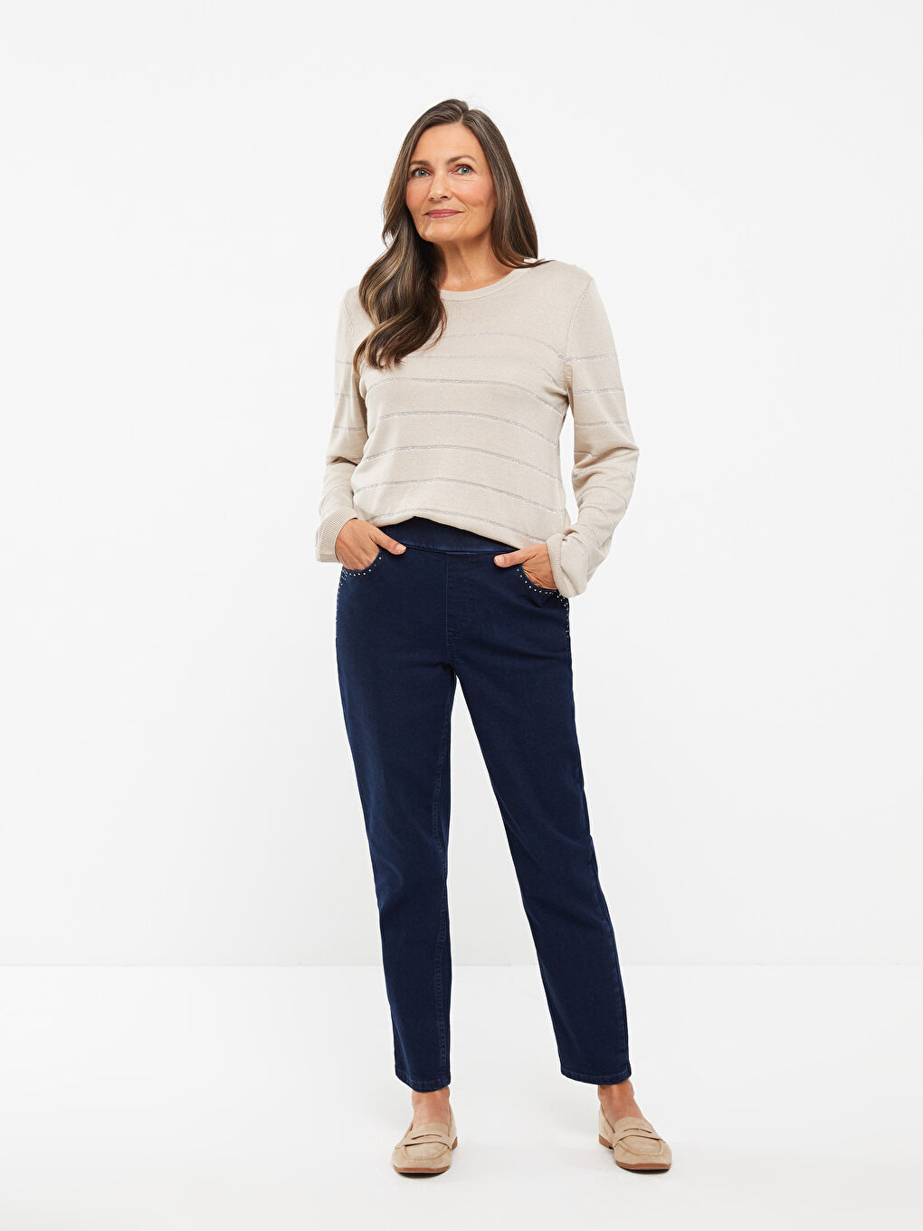 Әйелдерге арналған жоғары бел стандартты пішім тас әшекеймен безендірілген джинс шалбар