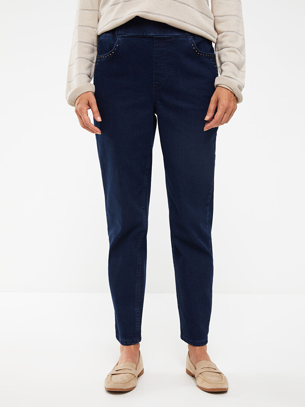 Әйелдерге арналған жоғары бел стандартты пішім тас әшекеймен безендірілген джинс шалбар-2