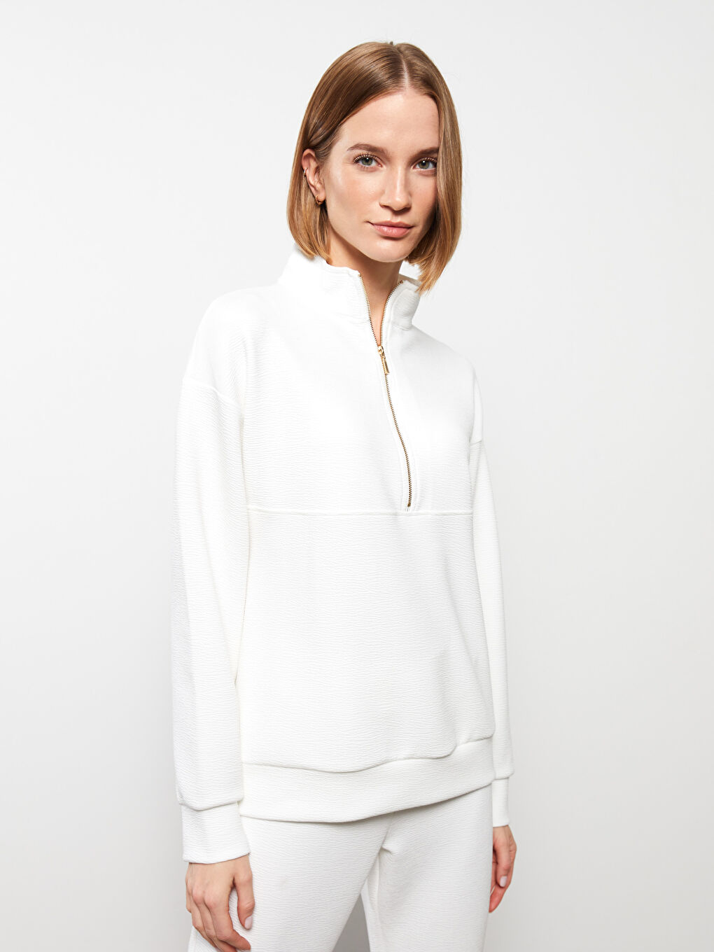 Funnel Neck Plain Long Sleeve Women's Sweatshirt