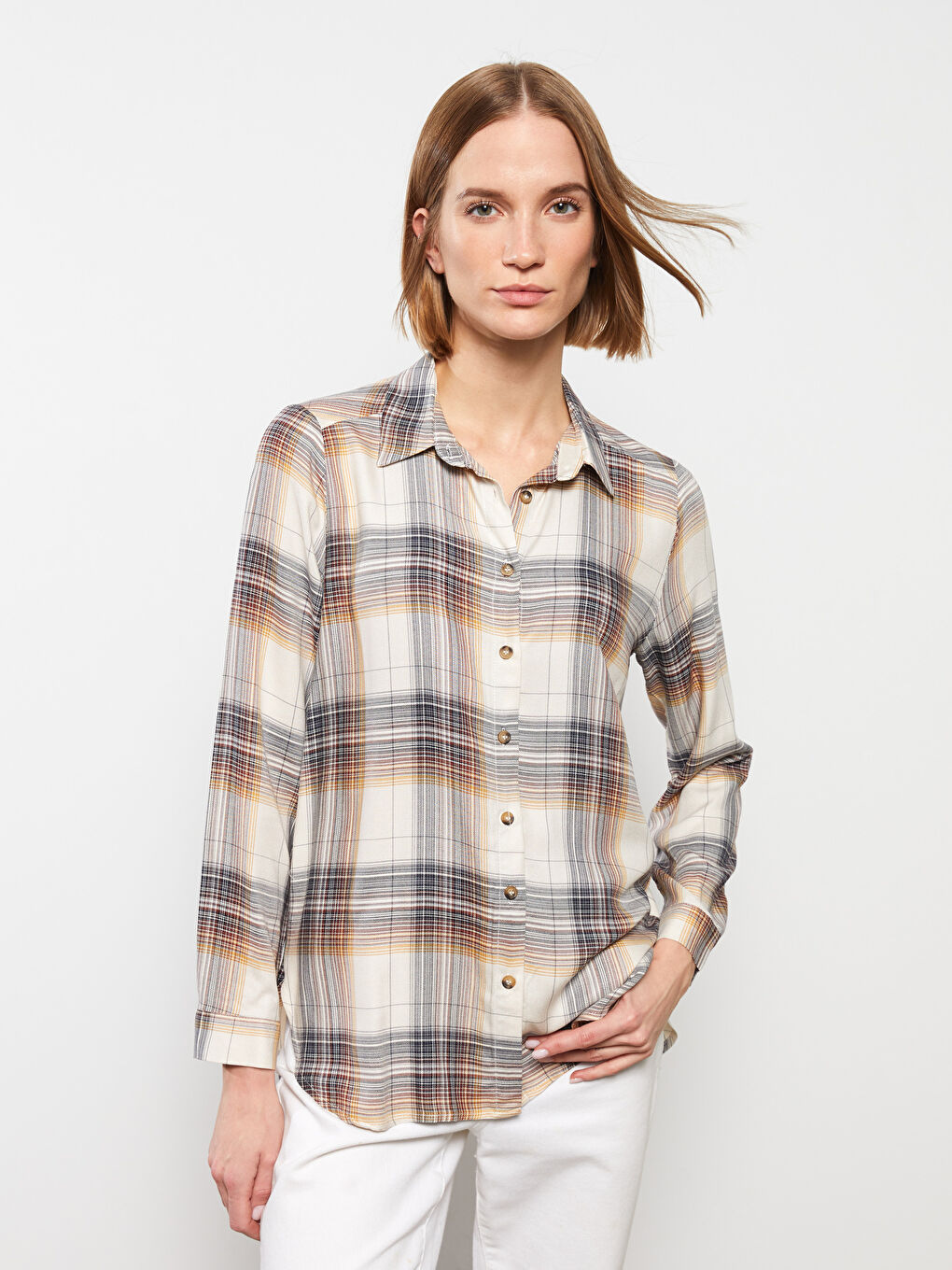 Bej Ekose Uzun Kollu Flanel Kadın Oduncu Gömlek