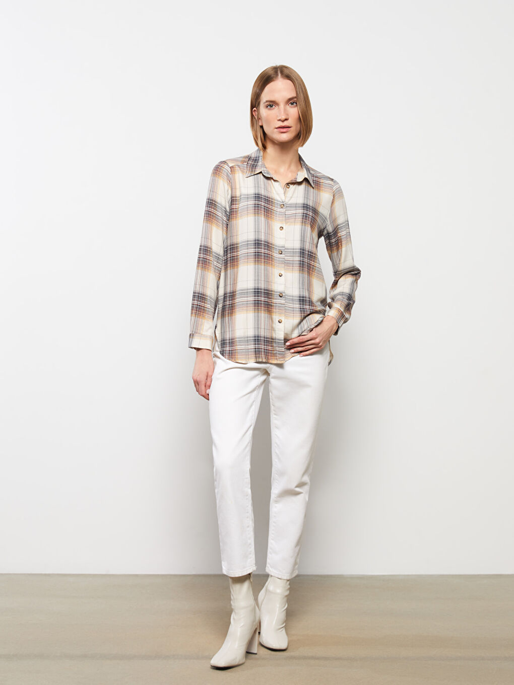 Bej Ekose Uzun Kollu Flanel Kadın Oduncu Gömlek-2