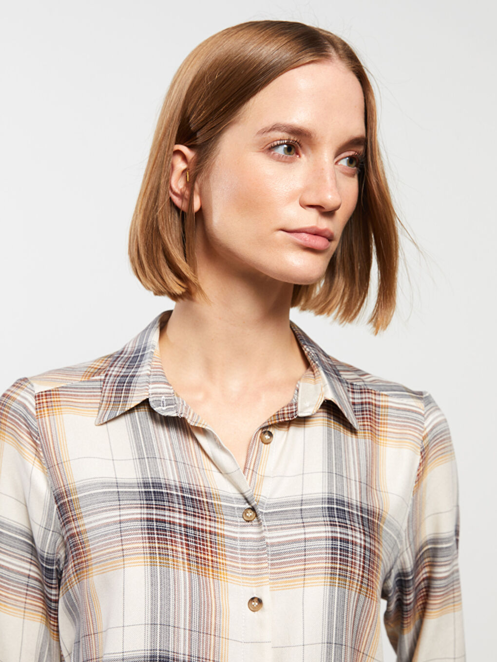 Bej Ekose Uzun Kollu Flanel Kadın Oduncu Gömlek-3