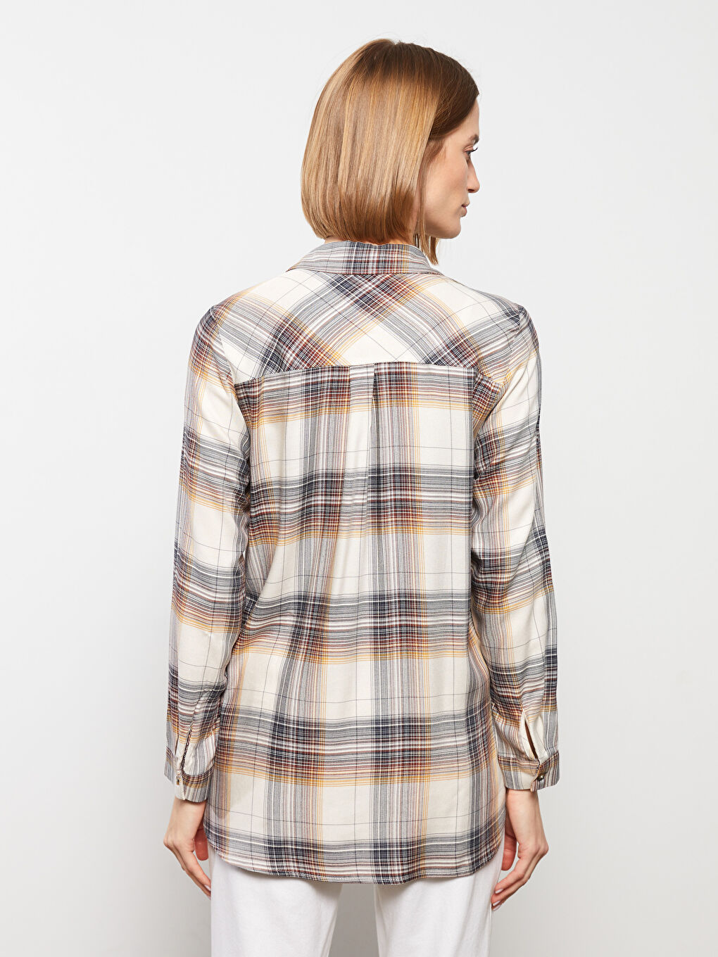 Bej Ekose Uzun Kollu Flanel Kadın Oduncu Gömlek-5