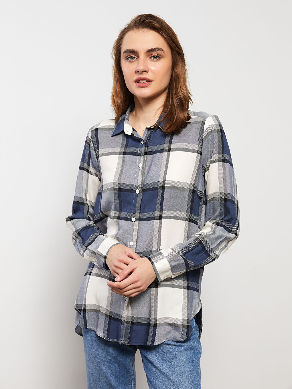 Lacivert Ekose Uzun Kollu Flanel Kadın Oduncu Gömlek