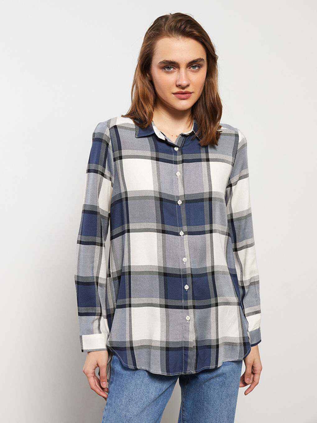 Lacivert Ekose Uzun Kollu Flanel Kadın Oduncu Gömlek-1