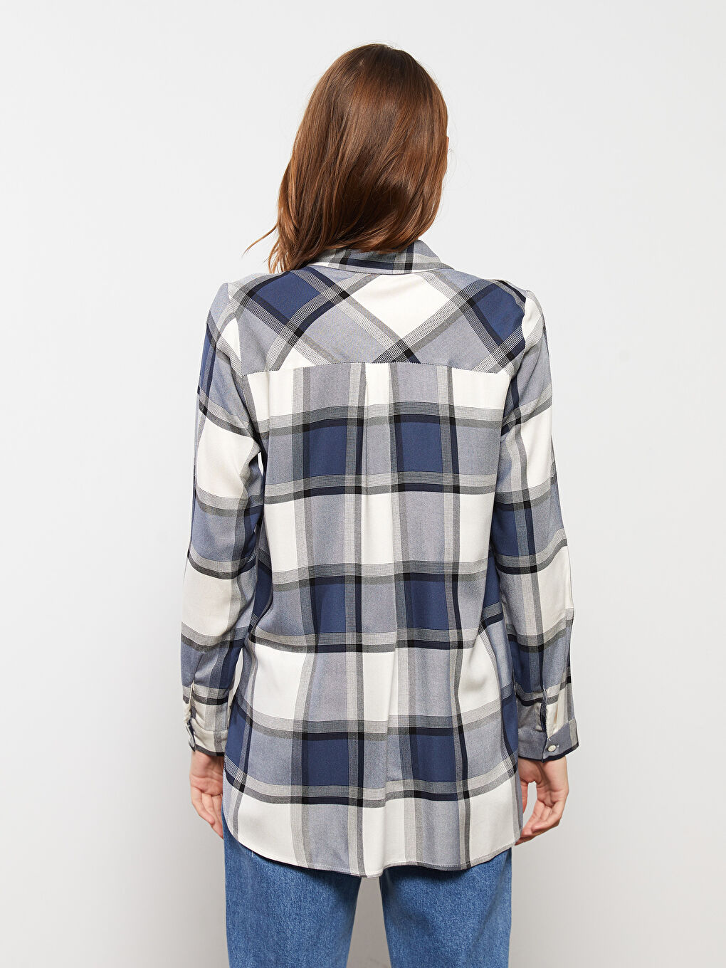 Lacivert Ekose Uzun Kollu Flanel Kadın Oduncu Gömlek-3