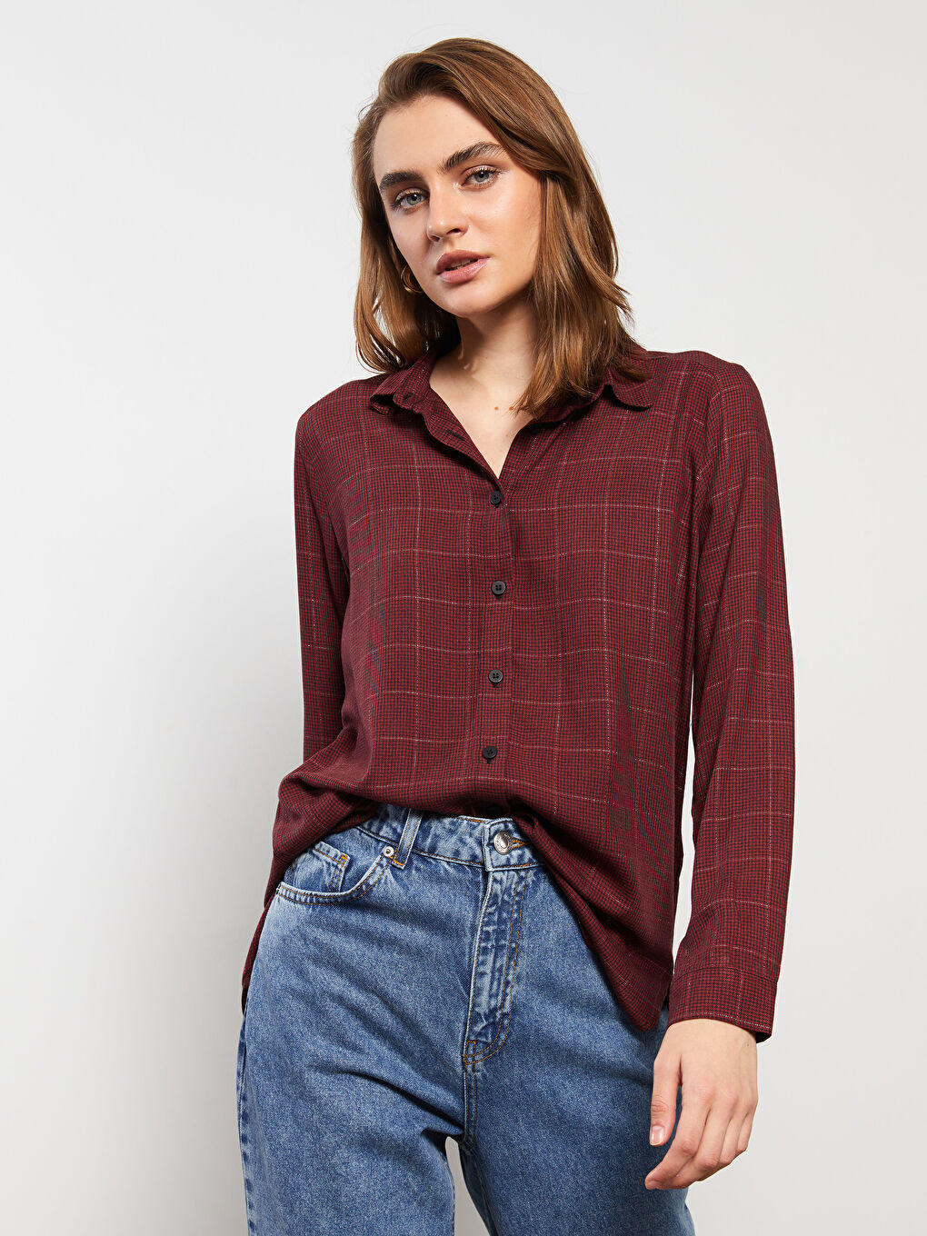 Kırmızı Ekose Uzun Kollu Flanel Kadın Oduncu Gömlek-1